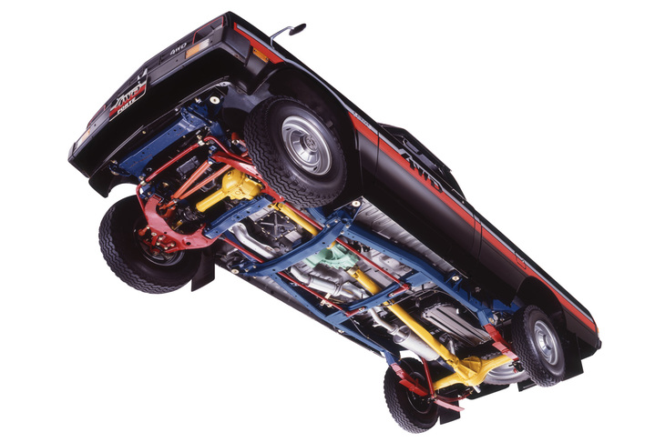 1978年に登場したライトトラックの「三菱フォルテ」のシャシーとドライブトレイン。三菱の次世代4WDモデルの開発は、同車のプラットフォームをベースに進められた。