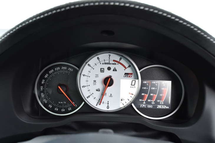 ホワイトのタコメーター（写真中央）が特徴的なメーターパネル。左側のスピードメーターも他グレードとはデザインが異なっている。