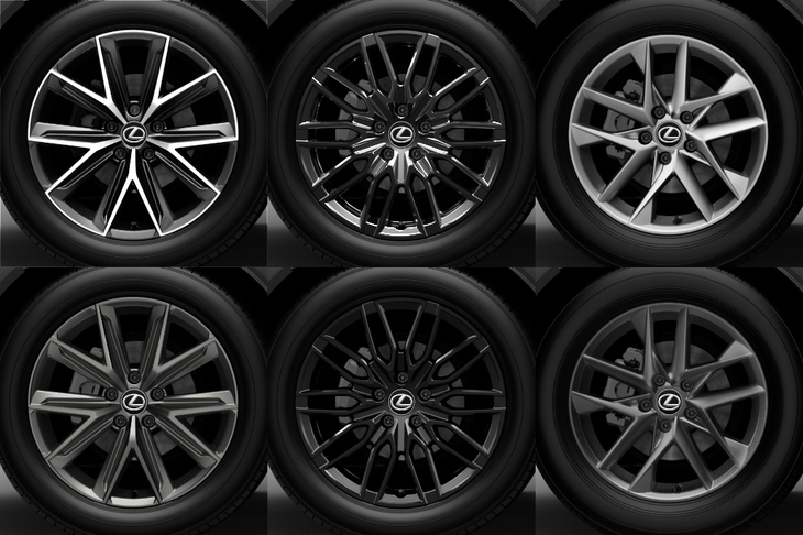 写真は左列が「クール」、中央列が「リラックス」の18インチホイール。「ビスポークビルド」ではこれら4本に加え、右列の17インチアルミホイールも選択できる。タイヤサイズは18インチ仕様が225/55R18、71インチ仕様が225/60R17だ。