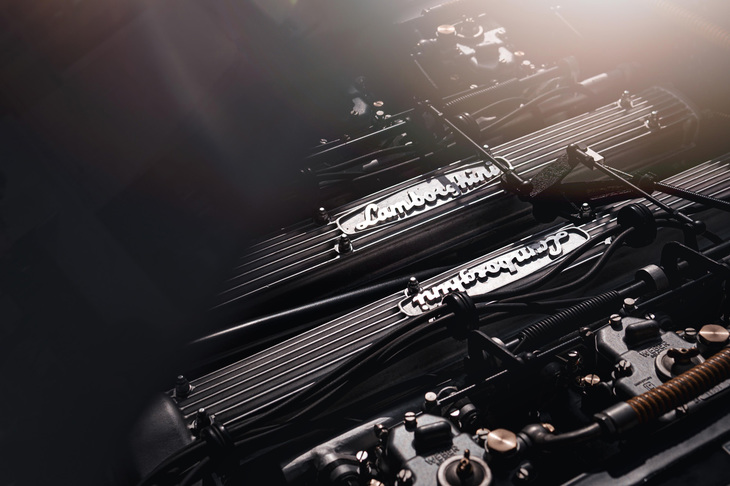 1964年にデビューしたランボルギーニ初の市販モデル「350GT」に搭載された3.5リッターV型12気筒エンジン。280PSの最高出力で、250km/hを超える最高速度を誇ったという。ランボルギーニの黎明（れいめい）期を支えたエンジニア、ジオット・ビッザリーニ氏が設計を担当したもので、改良や排気量アップを綿々と続け、最終進化版は「ムルシエラゴ」にも搭載された。