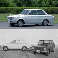 1966年に誕生した「トヨタ・カローラ」（上）と「日産サニー」（下）。マーケティングを駆使した商品企画と販売競争は、広範なモデルに飛び火していった。