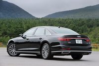 左右のコンビランプを結ぶものと、バンパー下部のものと、2本のクロームトリムが印象的なリアビュー。