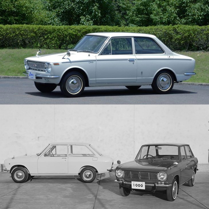 1966年に誕生した「トヨタ・カローラ」（上）と「日産サニー」（下）。マーケティングを駆使した商品企画と販売競争は、広範なモデルに飛び火していった。