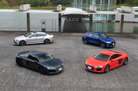 アウディのスポーツモデルにも試乗。イメージリーダーとなるV10エンジン搭載の「R8」を筆頭に、エレガントなクーペ風フォルムのセダンや小型SUVも“RSの味つけ”で仕立てられた。（photo：荒川正幸）