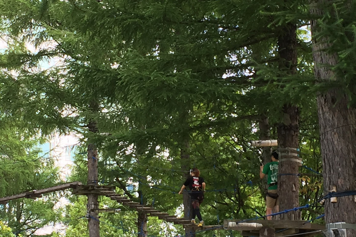 大自然を生かしたレジャーが人気。近年話題の樹上アスレチック体験もできる。