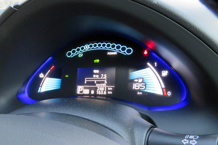 充電後のメーター表示。本文中に記したとおり航続可能距離は185kmに戻ったが、エアコンをONにすると176kmに微減。