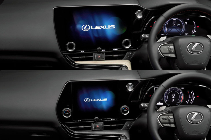 「バージョンL」「Fスポーツ」に装備される14インチのセンターディスプレイ（上）と、ベースグレードに装備される9.8インチのセンターディスプレイ（下）。