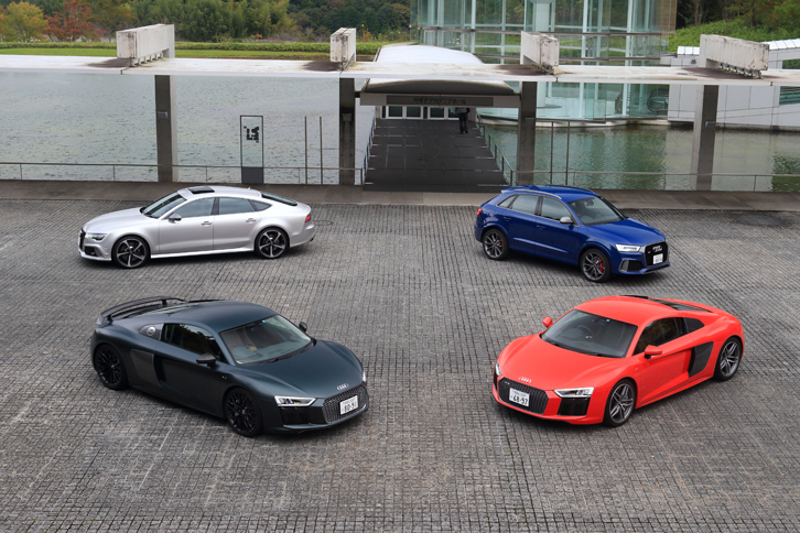 アウディのスポーツモデルにも試乗。イメージリーダーとなるV10エンジン搭載の「R8」を筆頭に、エレガントなクーペ風フォルムのセダンや小型SUVも“RSの味つけ”で仕立てられた。（photo：荒川正幸）