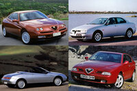 デザインがノリノリだったころのアルファ・ロメオ。左上が「GTV」（1993-2006年）、左下が2代目「スパイダー」（1994-2006年）、右上が「156」（1997-2007年）、右下が「166」（1999-2007年）。