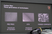 発表会のスライドから。右端の「フォージドコンポジット」は、かつて主流だった「プリプレグカーボン」（写真左端）に比べ、格段に生産時間を短縮でき、成形の自由度も上がる。