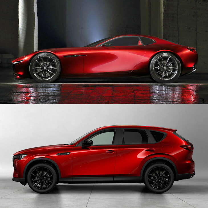 2015年に発表されたFRスポーツのコンセプトモデル「RXビジョン」（上）と、同車由来のデザインモチーフが取り入れられた「CX-60」（下）。CX-60も、実にスタイリッシュなモデルではあるのだが……。　
	ほった「SUVだとちょっと緊張感が足りないというか、ボディーの厚みが間延びして見えるんですよね。このデザインモチーフって」