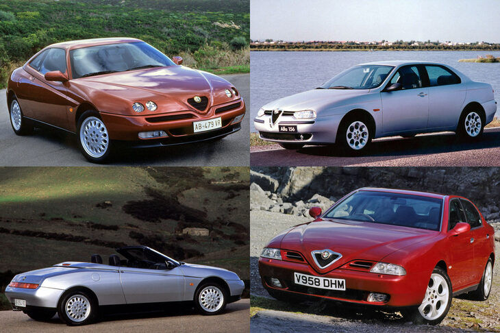 デザインがノリノリだったころのアルファ・ロメオ。左上が「GTV」（1993-2006年）、左下が2代目「スパイダー」（1994-2006年）、右上が「156」（1997-2007年）、右下が「166」（1999-2007年）。