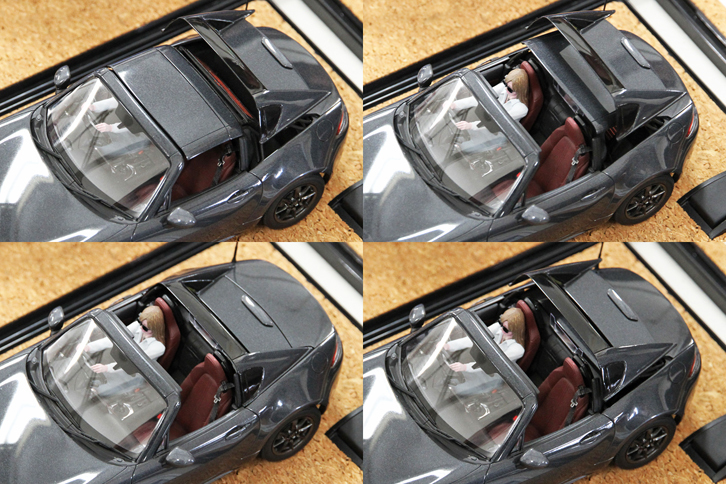 写真右端に見える黒い部分はスイッチになっており、押すと「ロードスターRF」に内蔵されたモーターによって、実車同様にトップが開閉するのだ。写真は時計まわりに4段階の状態を紹介しているが、実際の動きは実にスムーズで、最後のおさまりもパーフェクトだった。