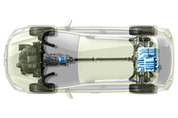 「XVハイブリッド」のモーターとバッテリーの配置。