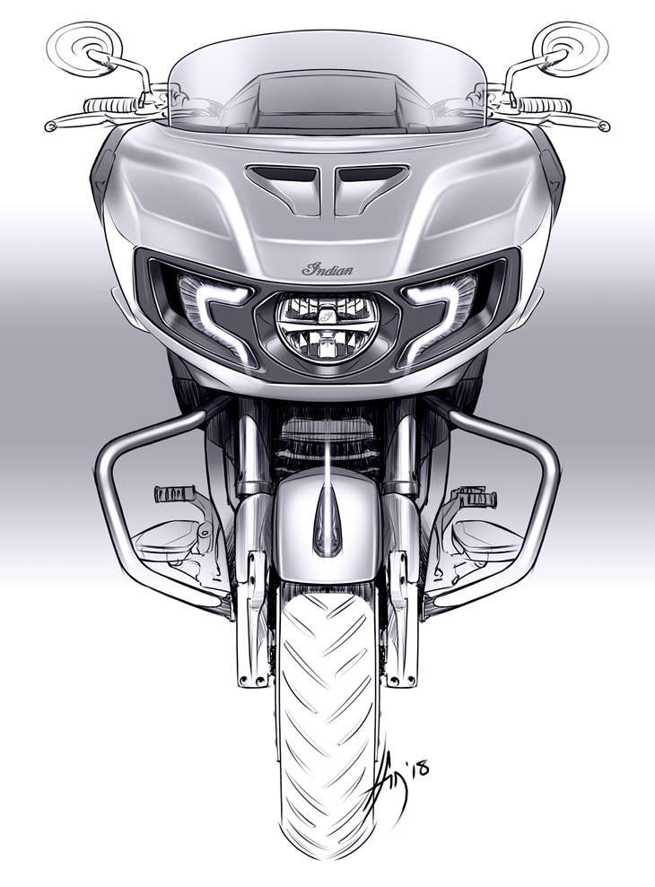 イアン・デューン氏が描いた「チャレンジャー」のデザインスケッチ。特徴的なフロントカウルは、風洞実験だけではなく実走も繰り返してデザインされた。