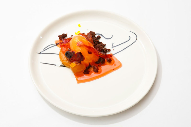 12皿目の「Milano collection」。ブルーベリーや花粉のジェラート、蜂蜜のパンケーキなどを合わせたデザート。アルケルメスというリキュールのシートをまとわせてあり、完食後には女性のイラストが見える仕掛け。