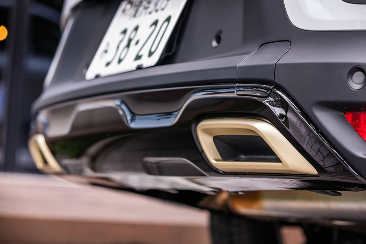 ウォームチタニウムのツインエキゾーストフィニッシャーと、ブリリアントブラックのリアスキッドプレートでリアビューはスポーティーに演出される。