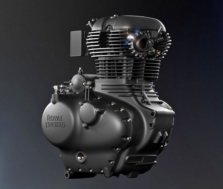 空冷エンジンならではの冷却フィンが目を引く「メテオ350」のパワーユニット。排ガス規制の影響で多くの空冷エンジン車が生産終了に追い込まれている今、同モデルは希少なニューカマーといえる。