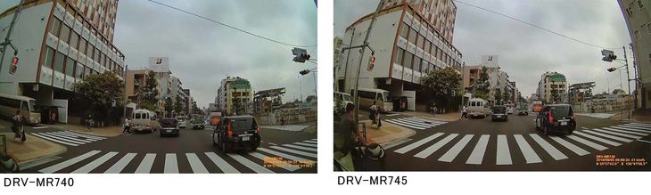 DRV-MR740とDRV-MR745の画角の違いを同じ撮影シーンで比べる。両者のフロントカメラの画角の違いは対角で50°、水平で約22°、垂直で11°だが、実際はこれだけ撮影範囲が広くなる。やはり横方向の違いが大きい。