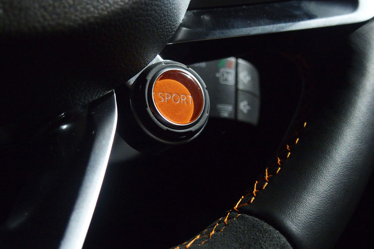 ノーマル／スポーツ／トラックの3つの走行プログラムを切り替えられるモードセレクトスイッチが、ステアリングホイールのセンター右下にレイアウトされる。