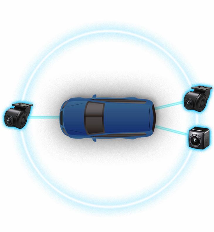 前後に設置したカメラ画像はストラーダナビ画面上での確認が可能。地図画面と実際のカメラ画像との2画面表示などもできる。