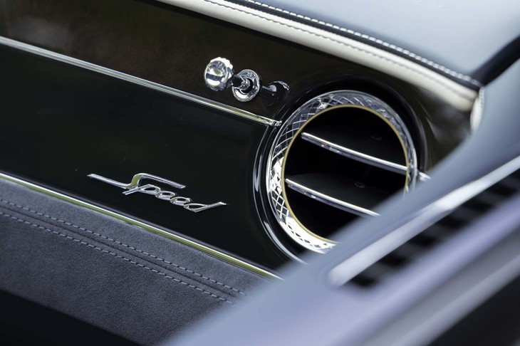 試乗車のウッドパネルは黒と茶のツートン仕立て。端に「Speed」のバッジが貼られる。