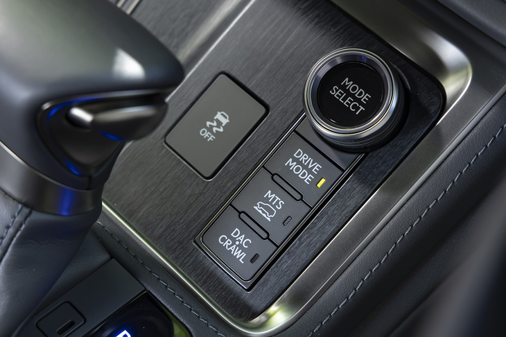 ドライブモードはオンロード用に加えてオフロード用の「マルチテレインセレクト（MTS）」も搭載。ボタンを押したうえで上のダイヤルで切り替える。