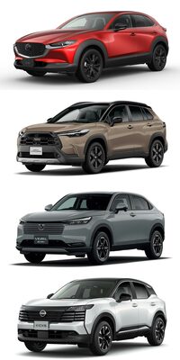 新型「日産キックス」（写真最下段）とライバルとの比較。厚みのある顔に、左右いっぱいに広げられたグラフィックなど、キックスのデザインからは、このクラスのなかでも特に「少しでもクルマを大きく見せよう！」という意識が強く読み取れる。