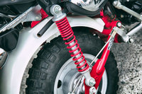 エンジン同様、車体の構造は非常にシンプル。サスペンションは前がテレスコピック式、後ろがスイングアーム式で、リアタイヤを挟む2本のスプリングダンパーがクラシカルな雰囲気を盛り上げる。