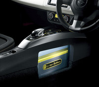 リチウムイオンバッテリー（260V/2.66kWh）はセンターコンソール下に配置される。