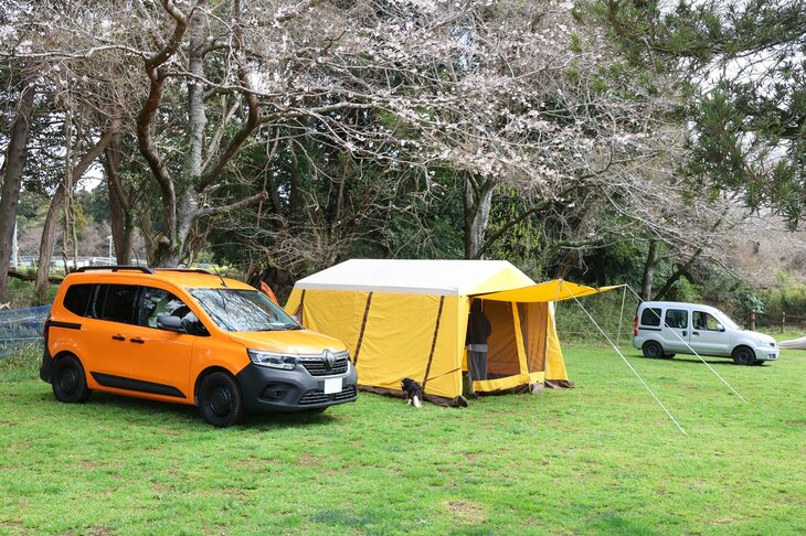 「ミカングー」の愛称でファンに親しまれるオレンジ色の「ルノー・カングー」は、キャンプ地の緑とのマッチングも最高。こちらはMT車が選べるのも特徴だった限定車「ルノー・カングー クルール ディーゼル」で、ボディーカラーは2代目の限定車にも採用された「オランジュ コロンジュ」だ。その奥には、今では貴重となった初代カングーの姿も見える。