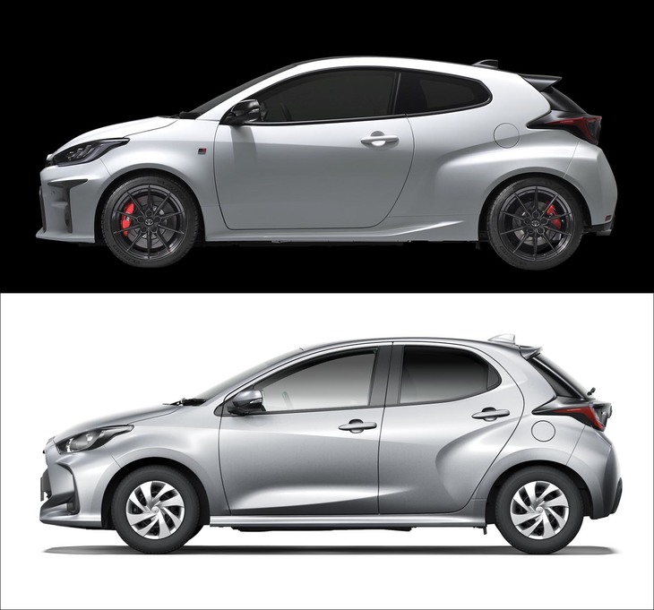 真横から見た「GRヤリス」（写真上）と「ヤリス」（下）。3ドアのGRヤリスのボディーサイズ（全長×全幅×全高＝3995×1805×1460mmは5ドアのヤリスに比べて45mm長く、110mm幅広く、40mm低くなっている。最も違いが明確なのはルーフラインだが、あらゆる点が異なっているともいえる。2558mmのホイールベースは、ヤリス比で8mm長い。