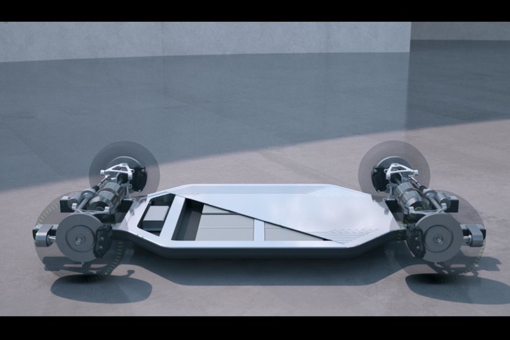 全固体電池（ASSB）と小型コンポーネントを組み合わせた、将来的なEVの方向性を示す技術スタディー「ニッサンEVテクノロジービジョン」。