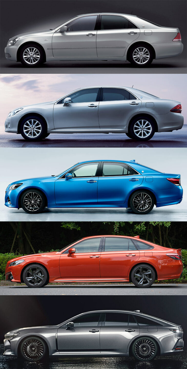 2003年に登場した12代目以降の、「クラウン／クラウン セダン」のサイドビュー。スポーティーなイメージがセダンのトレンドとなると、ライバルの多くは車体下部にリアへ向けてキックアップするモチーフを取り入れてきたが、クラウンでは“ゼロクラウン”以降のモデルでも、そうした傾向は控えめだった。