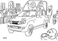 フィレンツェの街を行く、「いすゞD-Max パーパモービル」の図。（大矢アキオ筆）