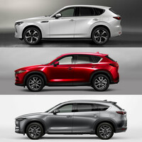 上から順に「CX-60」と「CX-5」「CX-8」のサイドビュー。他の2車種が前端にいくほどボンネットが低められていくのに対し、「CX-60」はフードのシルエットは比較的水平基調で、鼻先が高い位置にある。