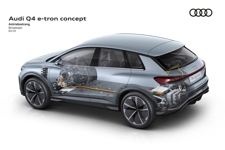 「アウディQ4 e-tronコンセプト」の透視図。フォルクスワーゲンが開発したMEBは、アウディでもエントリークラスのBEVに使用される。