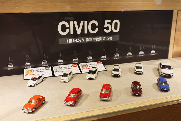 歴代モデルのミニカーが並べられた、ファン参加企画「♯推シビック総選挙」コーナー。