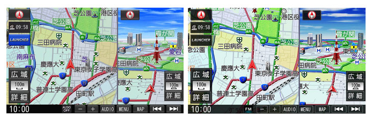 従来モデルで地図画面が読みにくいと感じたことは一度もないが、両者の細部を拡大してみると、写真右の有機ELモデルはコントラストがはっきりしているので、文字、ランドマークなどがより明瞭なのがわかる。