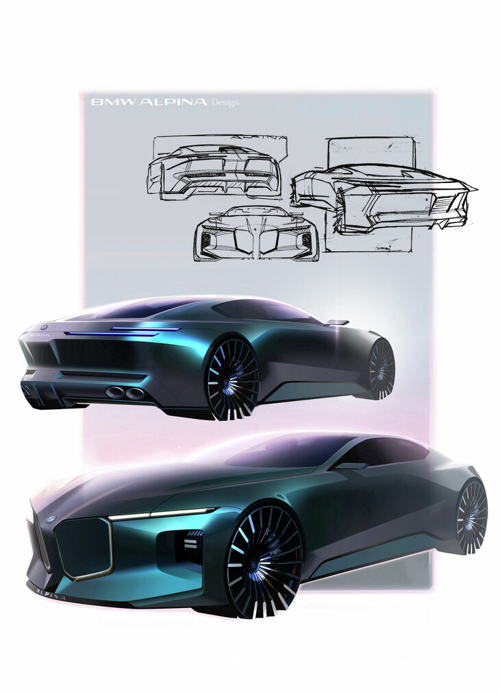 「ビジョンBMWアルピナ」のデザインスケッチ。オラオラ系が闊歩するラグジュアリーカーのマーケットに、本当にこのスポーティーな路線で挑むのか？　サルーンやSUVはどうするのか？　いろいろと気になるところだ。