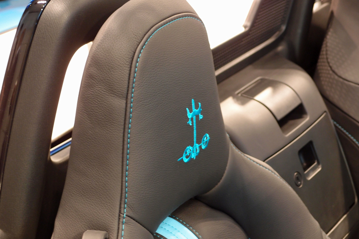 レザーシートのヘッドレストに施された刺しゅう。カラーリングは、ボディーカラーに合わせて6色から選べる。