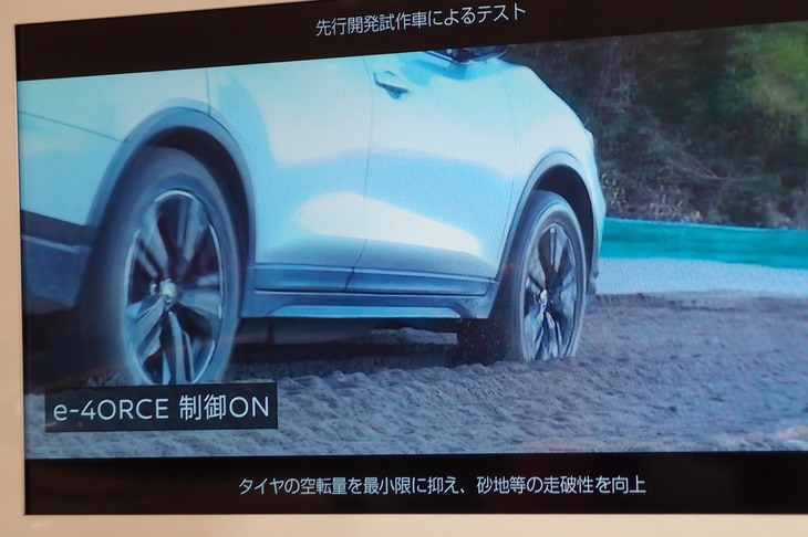 資料映像（写真）では前輪が砂地にやや沈み込んでいるように見えるが、これは、空転を抑えつつしっかり走行できている状態。制御の緻密さが増すほどに、悪路での走破性はアップするという。
