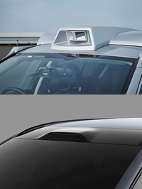 日産の実験車両に搭載されたLiDAR（上）と、ボルボのコンセプトカー「ボルボ・コンセプト リチャージ」に搭載されたルミナーの新型LiDAR（下）。