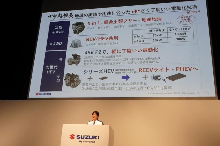 パワートレインの戦略について解説する、スズキの加藤勝弘副社長。同社で技術統括を務めている。