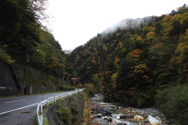 国道158号線にて。見よ、この霧と山のコントラスト。雨のおかげですてきな写真が撮れた。
