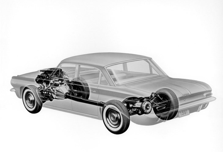 「テンペスト」のトランスアクスル方式を示すイラスト。フロントに積んだ3.2リッター直4エンジンと、「コルベア」から拝借した変速機／デファレンシャルを、角形断面の鋼板プレス製トルクチューブに収めた直径17mmのスチール製ドライブシャフトで連結。スイングアクスルの後輪独立懸架も基本的にはコルベアから流用している。