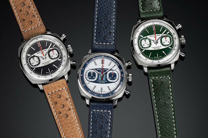 ブライトリングの「トップタイムB01レーシング リミテッドエディション」（写真左右）と「トップタイムB01レーシング マルティーニ リミテッドエディション」（中央）。