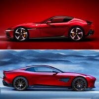 「フェラーリ12チリンドリ」（上）と新型「アストンマーティン・ヴァンキッシュ」（下）の比較。同じスーパーカーブランドのフラッグシップモデルだが、当然ながらデザインの狙いはまったく違うし、そもそもディメンションが大きく異なっている。