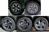 ホイールの意匠はグレードに応じて異なる。写真上段が左から「ツーリング」「X-BREAK」の17インチホイール、下段が左から「アドバンス」「スポーツ」「STI Sport」の18インチホイール。ツーリングとアドバンスを除く3グレードには、オールシーズンタイヤが装着される。