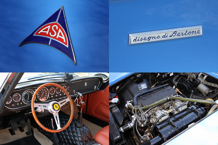 「ASA1000GT」のディテール。上の2枚はノーズにあるASAのエンブレムと、フロントフェンダーに貼られたベルトーネのエンブレム。インテリアのデザインおよび仕上げは、当時の高級GTそのもの。カムカバーが結晶塗装された1032cc直4 SOHCエンジンは、φ40のウェバー製ツインチョークキャブレターを2基備え、97ps/7000rpm、9.0kgm/3800rpmを発生するという。